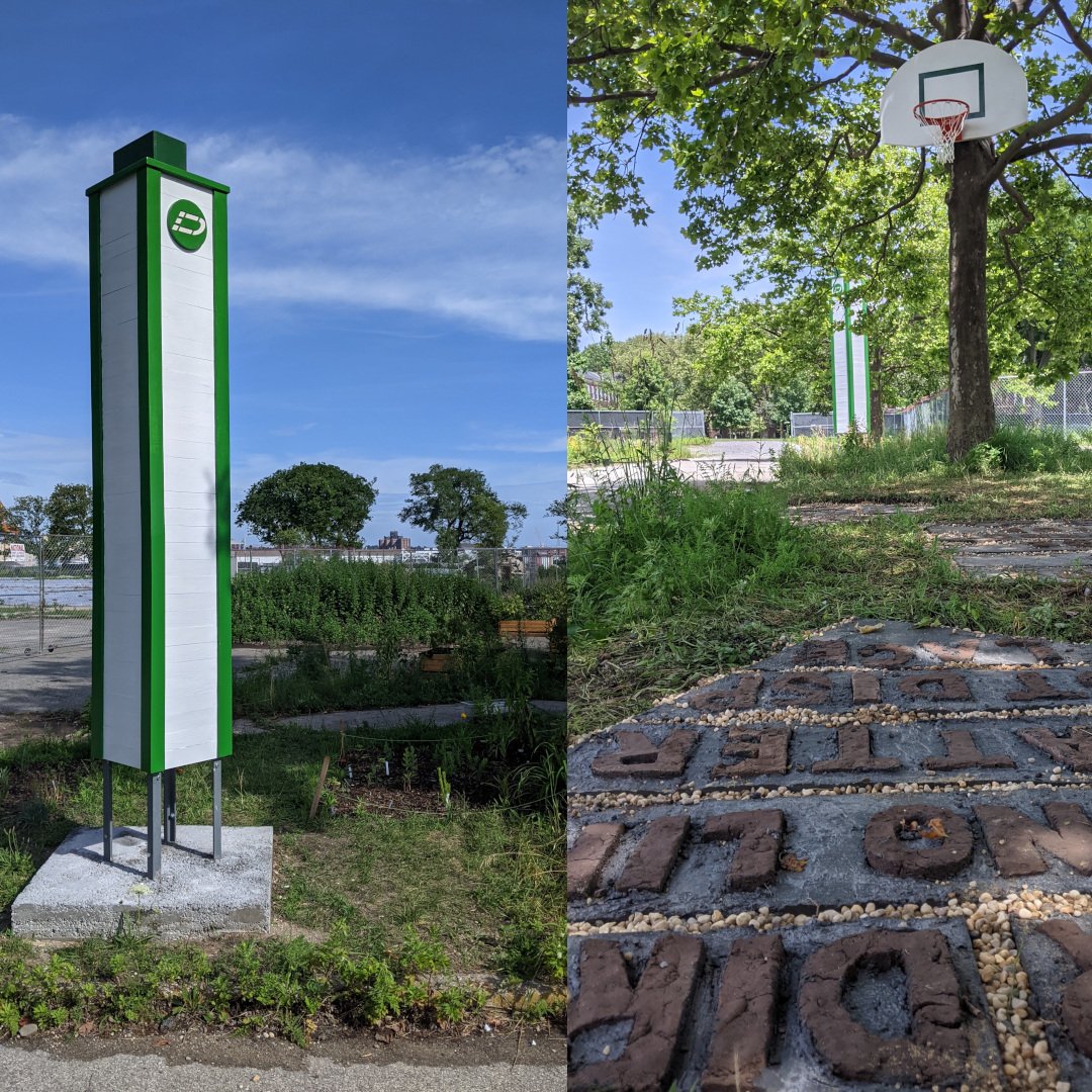 A chimeny swift tower, basketball hoop in a tree and text set in concrete