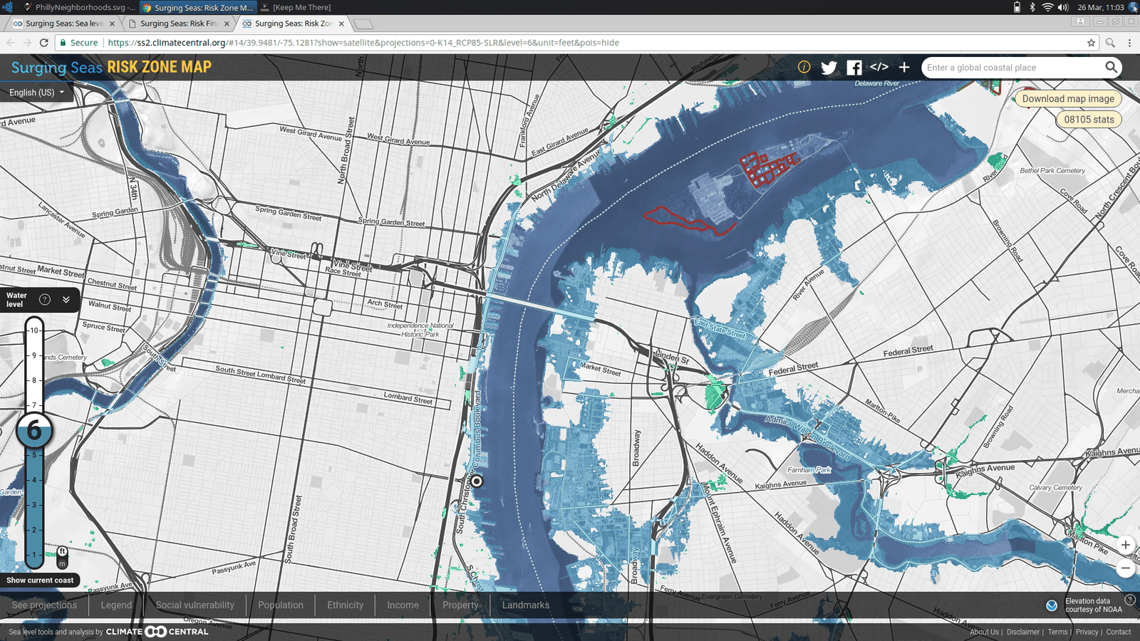 A map of Philadelphia shows the flooding that will occur at 6 feet of sea level rise