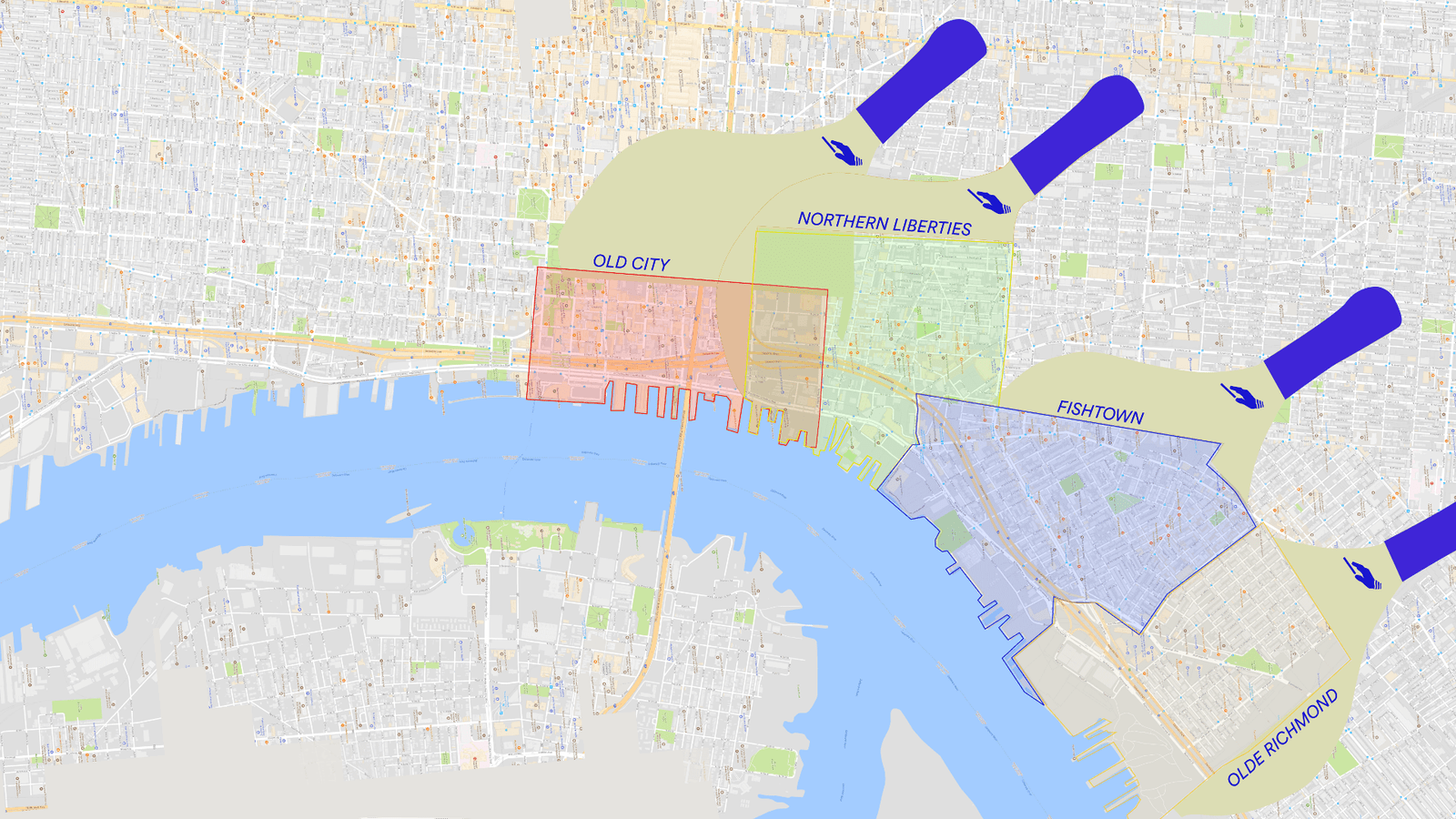 A street map of Philadelphia shows how Old City, Northern Liberties, Fishtown, and Olde Richmond are situated along the Delaware River and overlays the Long Dash paddles on this map