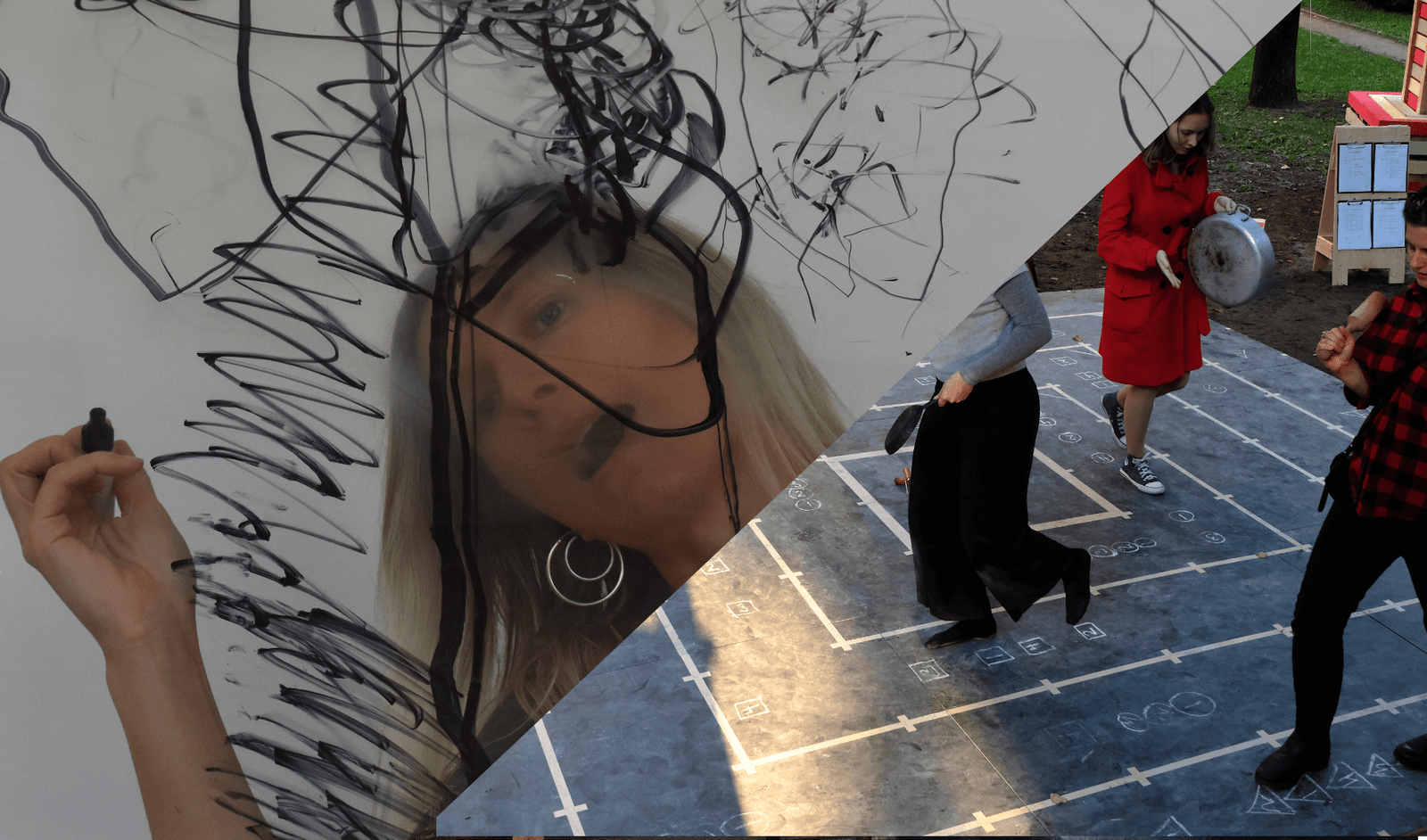 A woman with a face of fierce concentration draws on glass. feet march over an experimental musical score